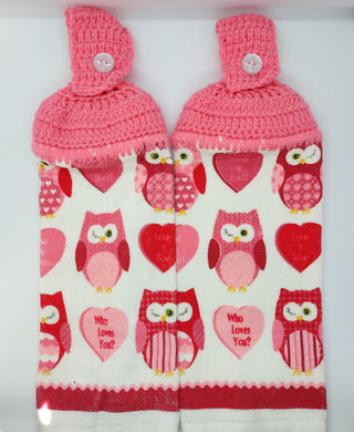 Valentine's Day Hearts & Owls Hanging Kitchen Towel Set