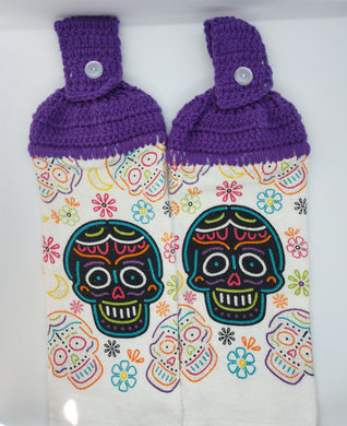 Bright Color Skulls Halloween Day of Dead Hanging Kitchen Towel Set