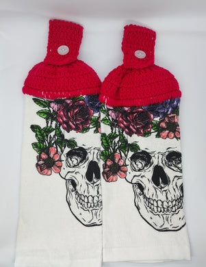 Gothic Halloween Skull & Roses Hanging Kitchen Towel Set