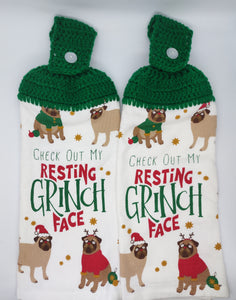 Christmas Pugs Resting Grinch Face Hanging Kitchen Towel Set
