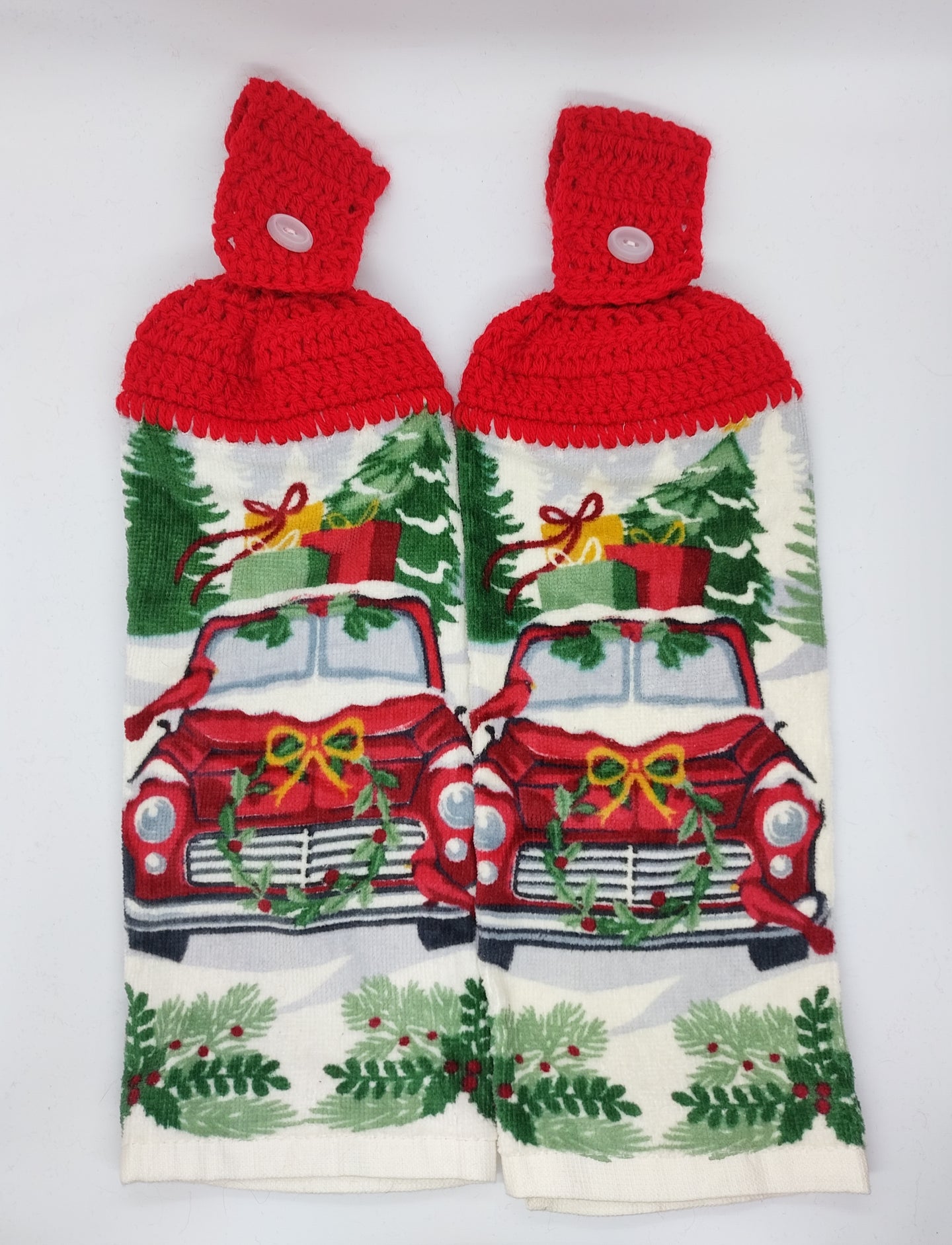 Old Red Pickup Truck Winter Christmas Hanging Kitchen Towel Set