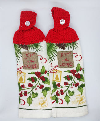 Joy To The World Christmas Holly & Berries Hanging Kitchen Towel Set