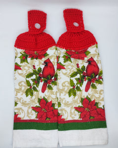 Christmas Cardinal Poinsettias with Holly & Berries Hanging Kitchen Towel Set