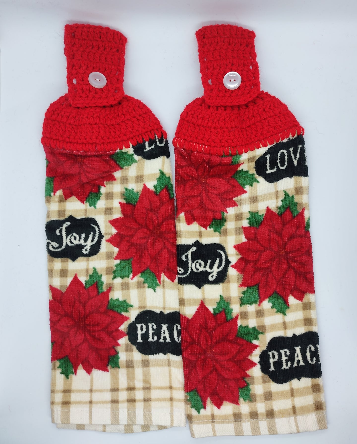 Peace Love Joy Christmas Poinsettias Hanging Kitchen Towel Set