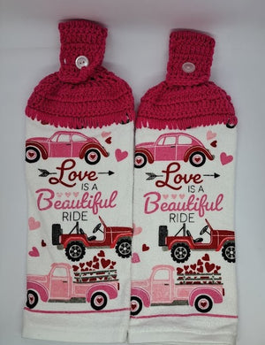 Valentine's Day Truck, Jeep, Bug  Hanging Kitchen Towel Set