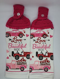 Valentine's Day Truck, Jeep, Bug  Hanging Kitchen Towel Set