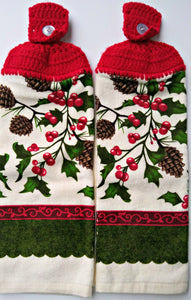 Christmas Pinecones Holly & Berries Hanging Kitchen Towel Set