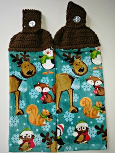 Woodland Christmas Animals Reindeer Fox Penguin Owl Hanging Kitchen Towel Set
