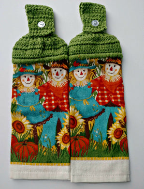 Autumn Scarecrow Couple Sunflowers Pumpkins Hanging Kitchen Towel Set