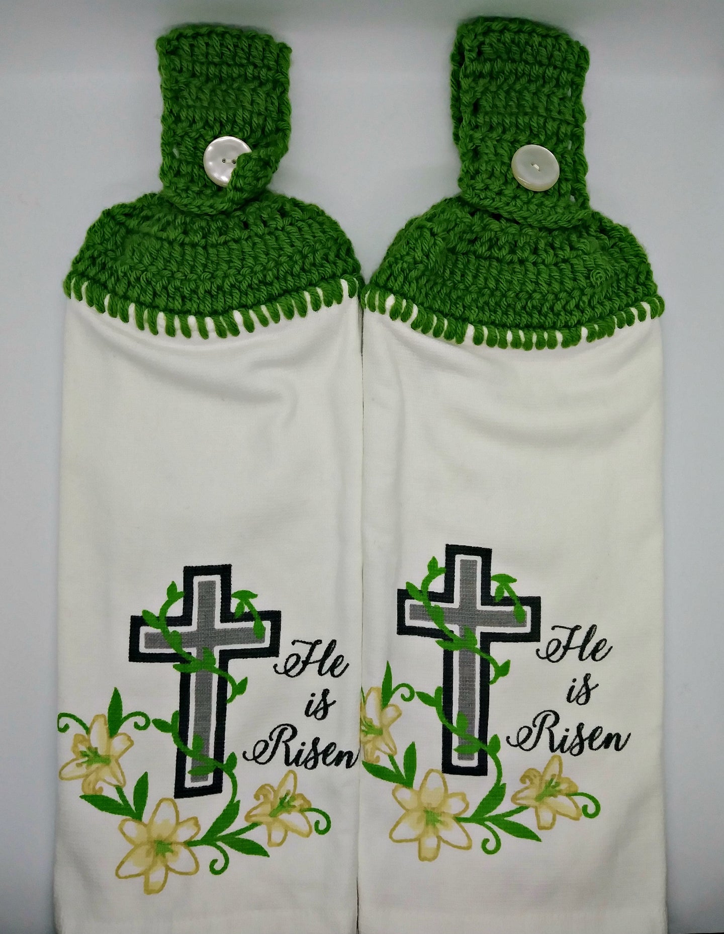 He Is Risen Cross & Lilies Religious Hanging Kitchen Towel Set