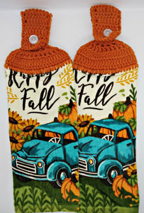 Autumn Fall Blue Pickup Truck Sunflowers Pumpkin Hanging Kitchen Towel Set