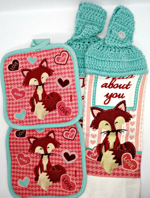 Wild About You Fox Valentine's Day Deluxe Hanging Kitchen Towel Set & Potholders