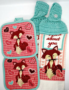 Wild About You Fox Valentine's Day Deluxe Hanging Kitchen Towel Set & Potholders