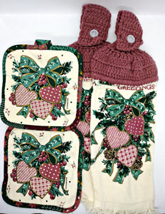 Festive Christmas Hearts Bouquet Deluxe Hanging Kitchen Towel Set & Potholders