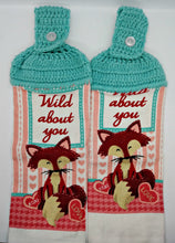 Load image into Gallery viewer, Wild About You Fox Valentine&#39;s Day Deluxe Hanging Kitchen Towel Set &amp; Potholders