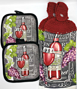 Deluxe Wine & Grapes Hanging Kitchen Towel Set
