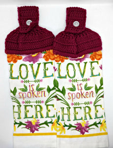 Love Is Spoken Here Floral Deluxe Hanging Kitchen Towel Set & Potholders