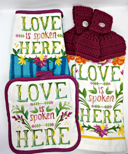 Love Is Spoken Here Floral Deluxe Hanging Kitchen Towel Set & Potholders