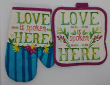 Load image into Gallery viewer, Love Is Spoken Here Floral Deluxe Hanging Kitchen Towel Set &amp; Potholders
