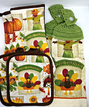 Load image into Gallery viewer, Thanksgiving Turkey Scarecrow Pumpkins Deluxe Hanging Kitchen Towel Set