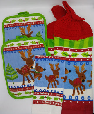 Christmas Reindeer Deluxe Hanging Kitchen Towel Set & Potholders