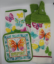 Load image into Gallery viewer, Spring Butterflies Deluxe Hanging Kitchen Towel Set &amp; Potholders