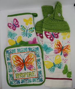 Spring Butterflies Deluxe Hanging Kitchen Towel Set & Potholders