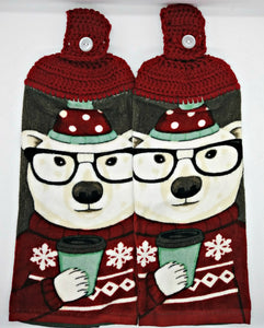 Winter Polar Bear with Cup Hanging Kitchen Towel Set