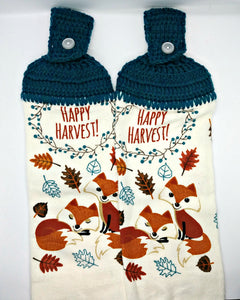 Happy Harvest Foxes Autumn Thanksgiving Hanging Kitchen Towel Set