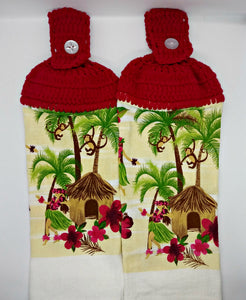Monkey Hula Girl Tropical Hut Hanging Kitchen Towel Set