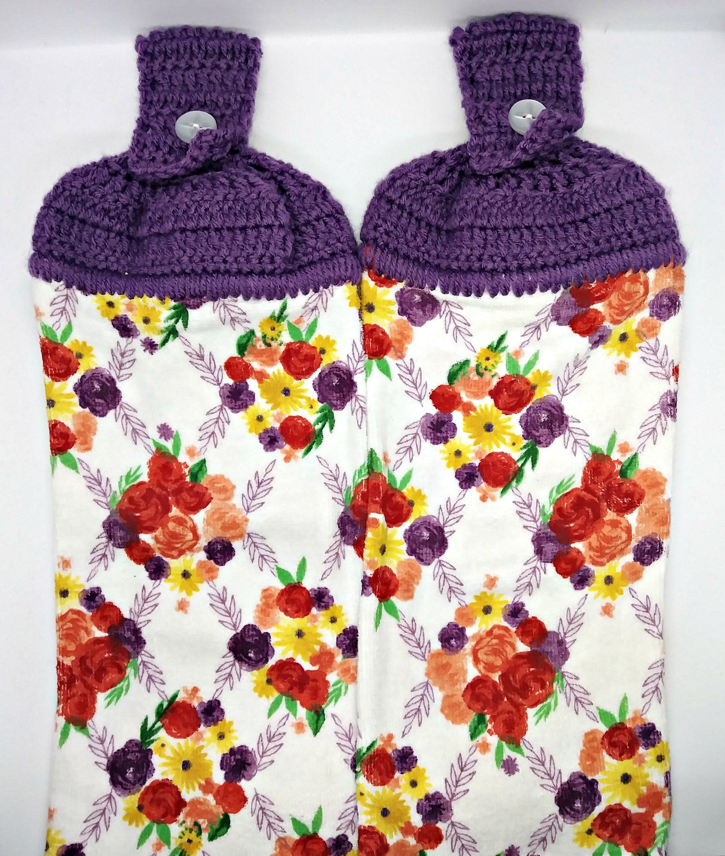 Floral Flowers Purple Coral Yellow Hanging Kitchen Towel Set