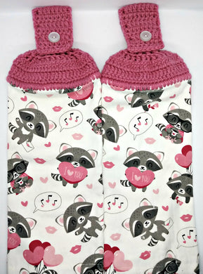Cute Racoon Hearts Valentine's Day Hanging Kitchen Towel Set
