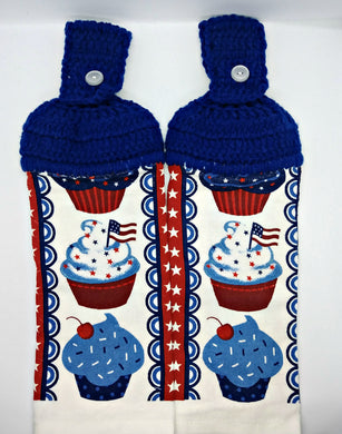 Red White & Blue Patriotic Cupcakes Hanging Kitchen Towel Set