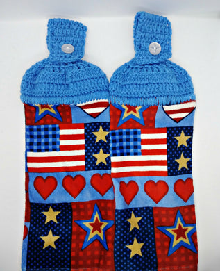 Patriotic Stars & Flags Hearts Hanging Kitchen Towel Set