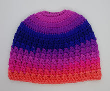 Load image into Gallery viewer, Teen Ladies Messy Bun Hat Flamenco Stripes Pinks &amp; Purples