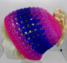 Load image into Gallery viewer, Teen Ladies Messy Bun Hat Flamenco Stripes Pinks &amp; Purples