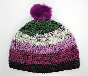 Teen Ladies Winter Chunky Hat with Pompom Grays, White & Plum Colors