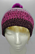 Load image into Gallery viewer, Teen Ladies Winter Chunky Hat with Pompom Grays, White &amp; Plum Colors