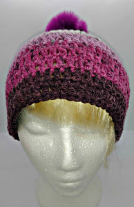 Teen Ladies Winter Chunky Hat with Pompom Grays, White & Plum Colors