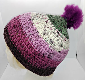 Teen Ladies Winter Chunky Hat with Pompom Grays, White & Plum Colors