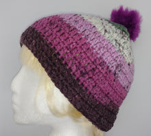 Load image into Gallery viewer, Teen Ladies Winter Chunky Hat with Pompom Grays, White &amp; Plum Colors