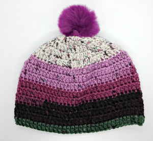 Teen Ladies Winter Chunky Hat with Pompom Grays, White & Plum Colors