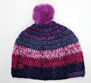 Teen Ladies Winter Chunky Hat with Pompom Pinks & Purple Colors