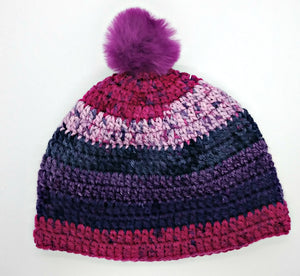 Teen Ladies Winter Chunky Hat with Pompom Pinks & Purple Colors