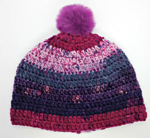 Teen Ladies Winter Chunky Hat with Pompom Pinks & Purple Colors