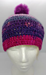 Teen Ladies Winter Chunky Hat with Pompom Pinks & Purple Colors