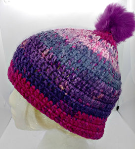 Teen Ladies Winter Chunky Hat with Pompom Pinks & Purple Colors