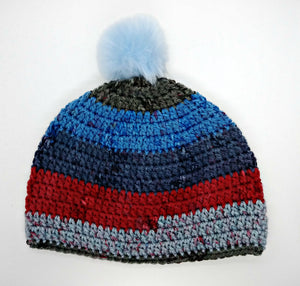 Unisex Winter Chunky Hat with Pompom Blues, Reds & Grays