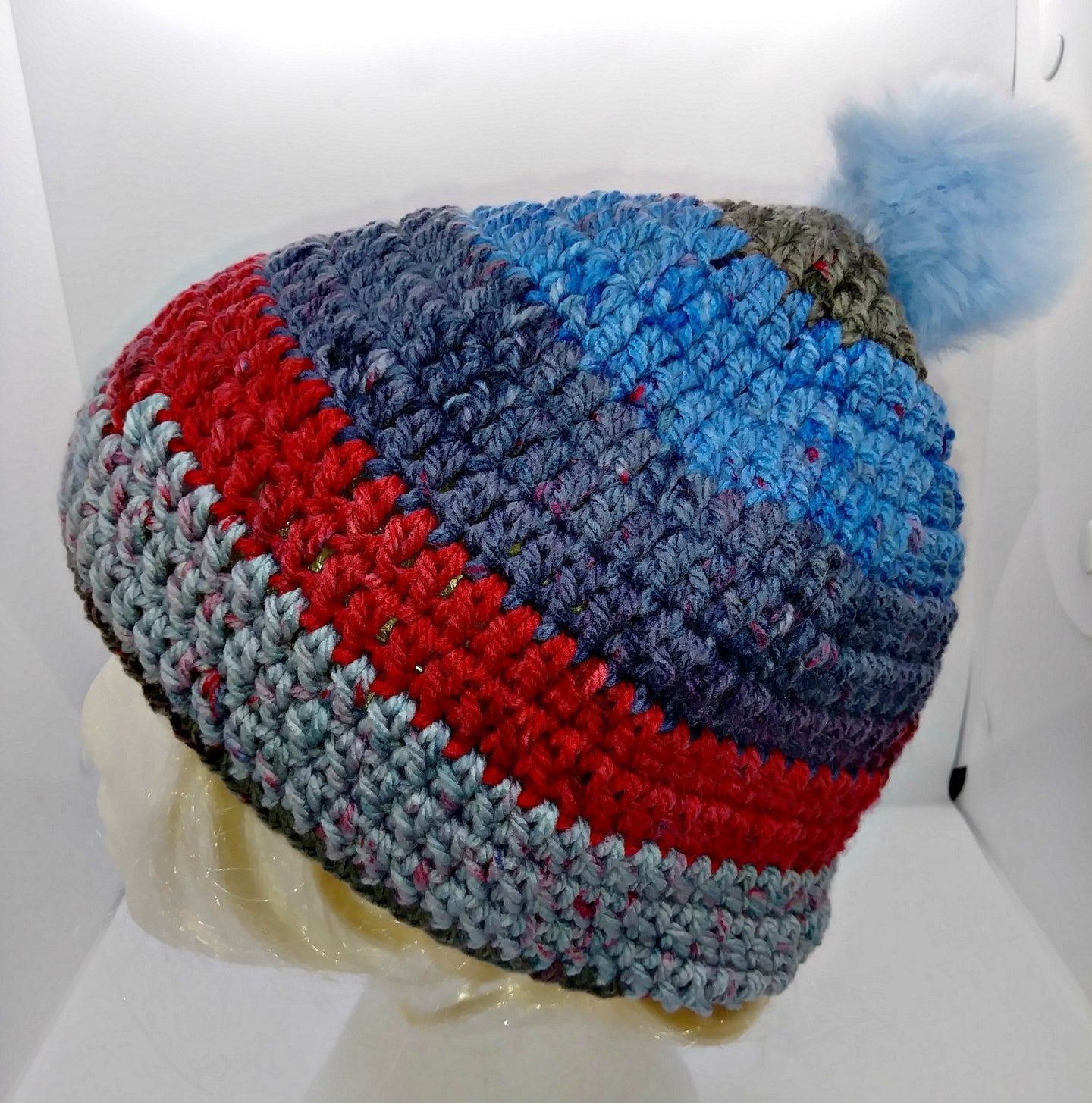 Unisex Winter Chunky Hat with Pompom Blues, Reds & Grays