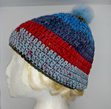 Load image into Gallery viewer, Unisex Winter Chunky Hat with Pompom Blues, Reds &amp; Grays